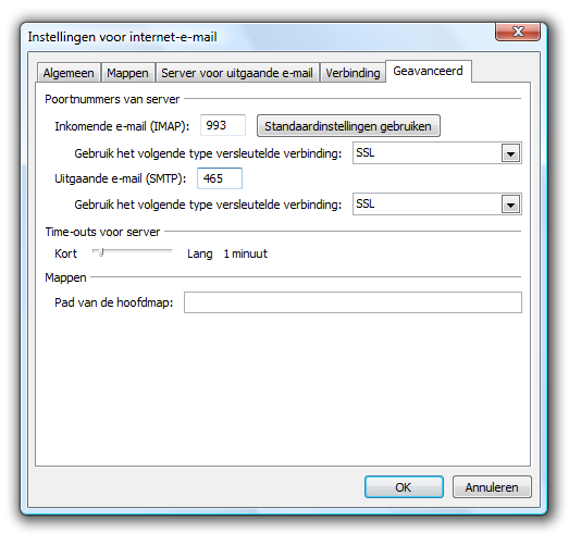 Microsoft Outlook 2007 - Dialoogvenster 'Instellingen voor internet-e-mail